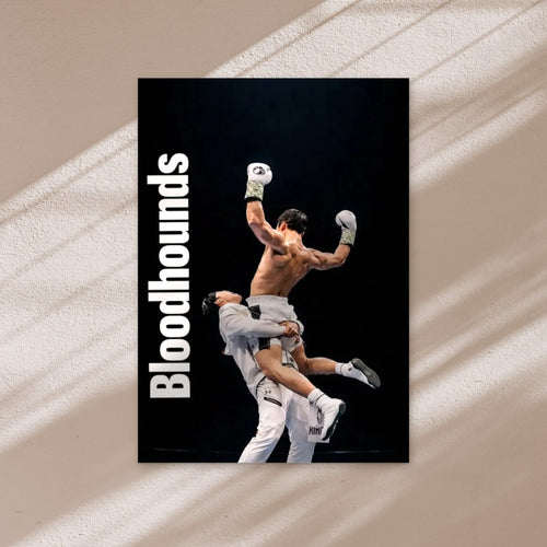 CELEBRATION BLOODHOUNDS poster on a warm wall in window light
