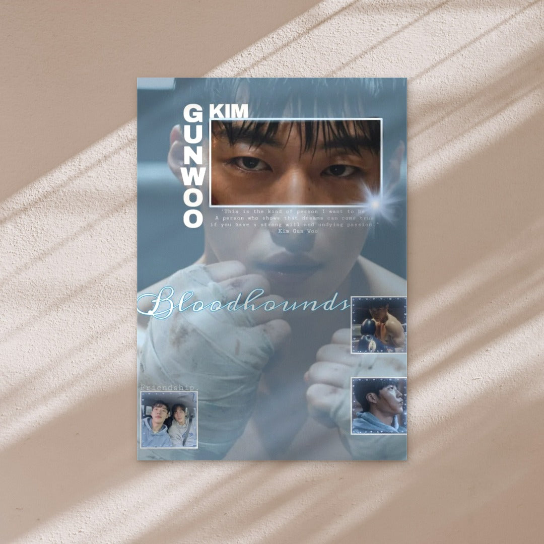 GUN WOO poster on a warm wall in window light